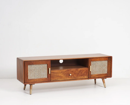 Space Galaxy Furniture Solid Sheesham TV Unit | Mid Century Modern TV Stand with Rattan Cane 2 Doors, & One  Shelf One Drawers | Entertainment Cabinet | Natural Finish