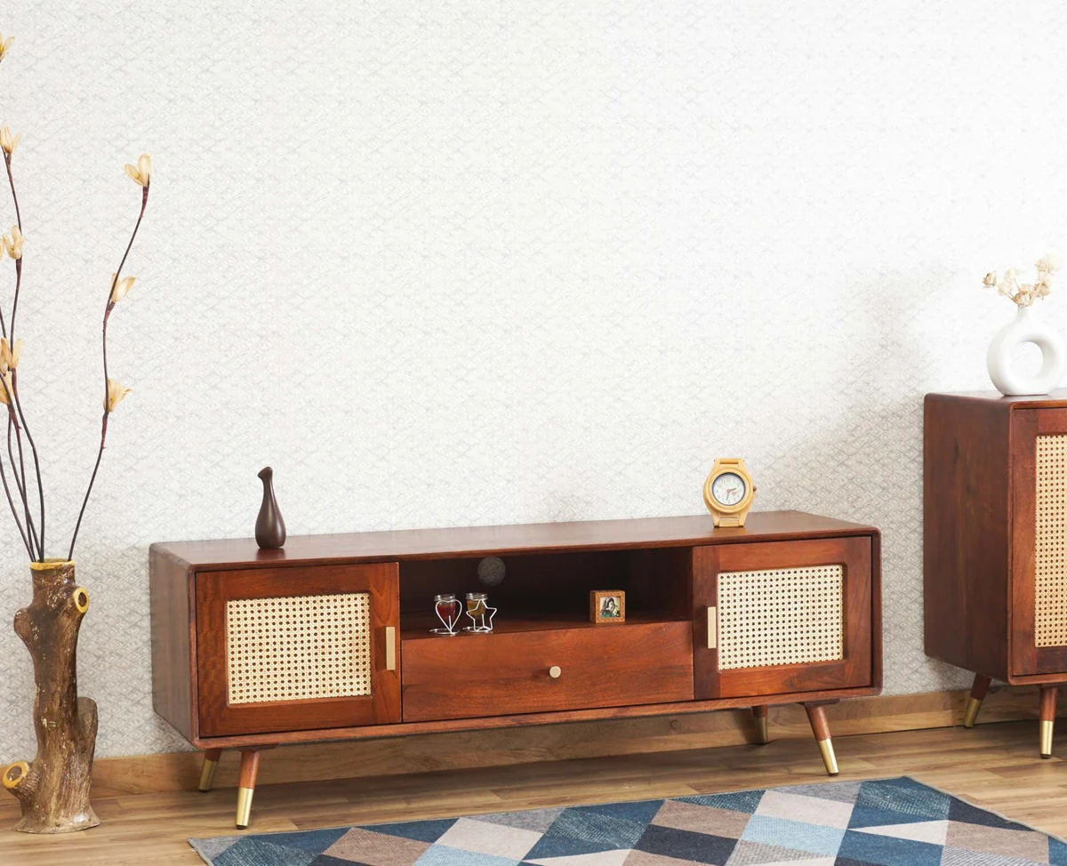 Space Galaxy Furniture Solid Sheesham TV Unit | Mid Century Modern TV Stand with Rattan Cane 2 Doors, & One  Shelf One Drawers | Entertainment Cabinet | Natural Finish