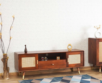 Space Galaxy Furniture Solid Sheesham TV Unit | Mid Century Modern TV Stand with Rattan Cane 2 Doors, & One  Shelf One Drawers | Entertainment Cabinet | Natural Finish