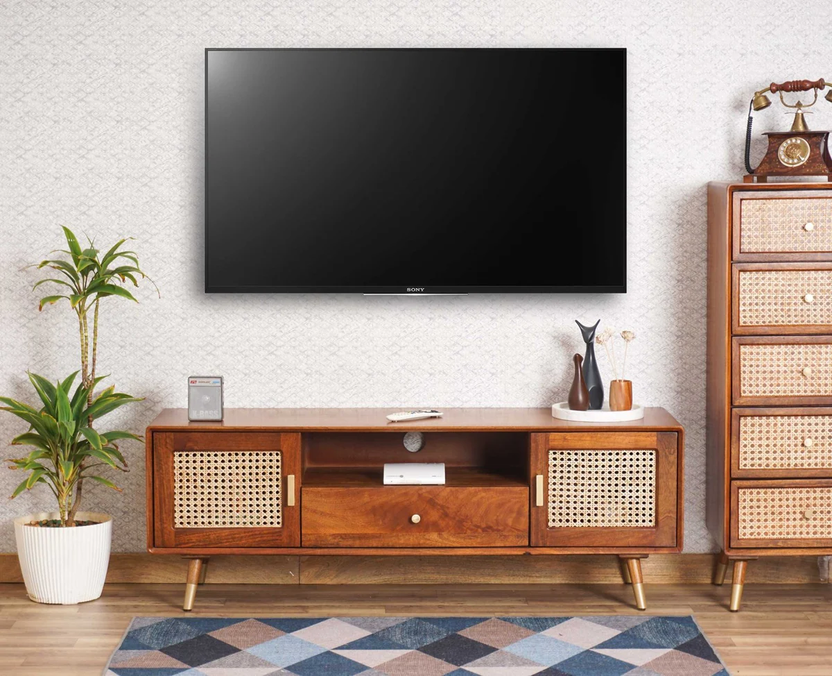 Space Galaxy Furniture Solid Sheesham TV Unit | Mid Century Modern TV Stand with Rattan Cane 2 Doors, & One  Shelf One Drawers | Entertainment Cabinet | Natural Finish