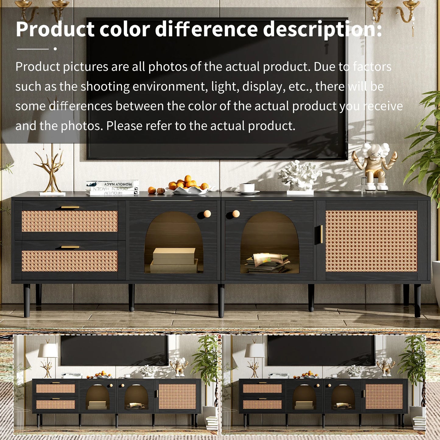 Space Galaxy Furniture Solid Mango TV Unit | Mid Century Modern TV Stand with Rattan Cane 3 Doors, & Two Drawers | Entertainment Cabinet | Z-black Finish