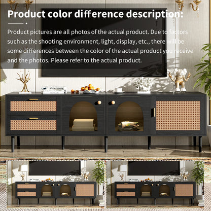 Space Galaxy Furniture Solid Mango TV Unit | Mid Century Modern TV Stand with Rattan Cane 3 Doors, & Two Drawers | Entertainment Cabinet | Z-black Finish