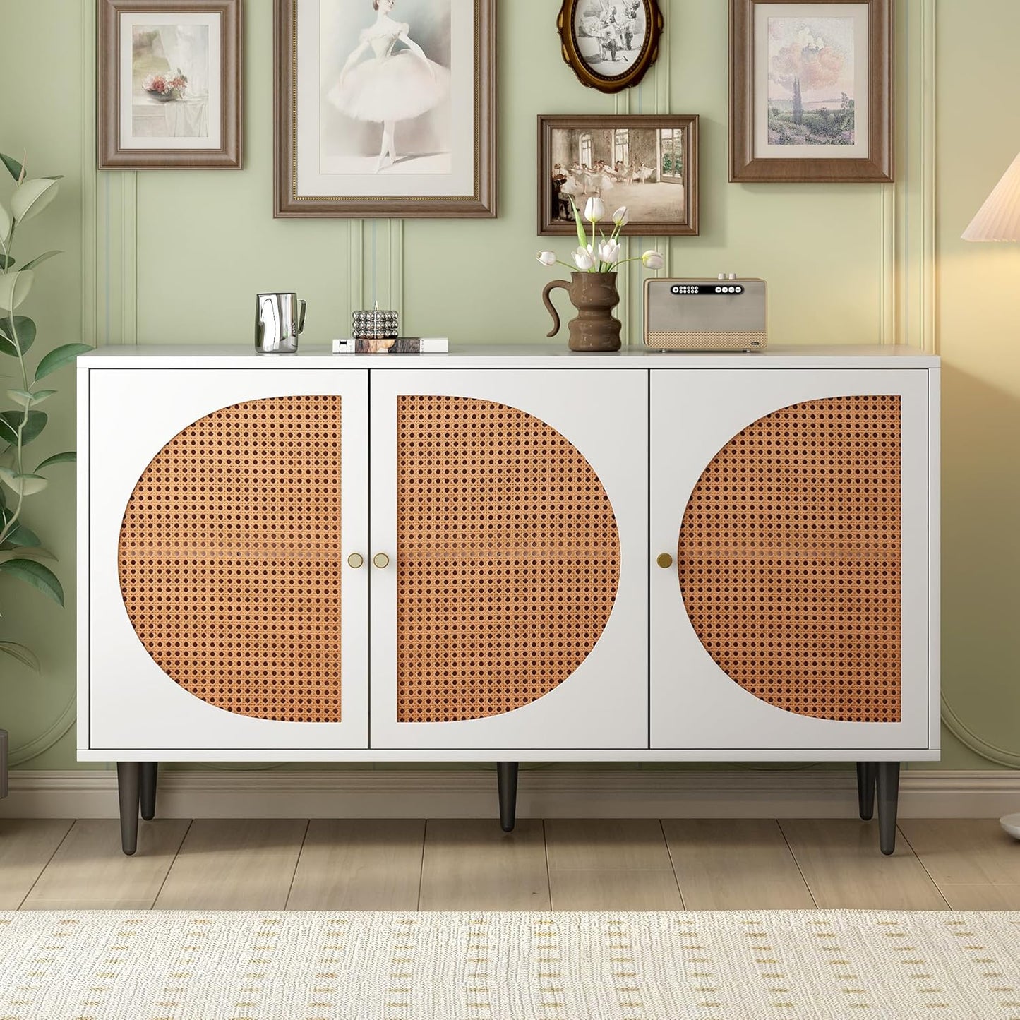 Space Galaxy Furniture Engineered Wood 3 Door Rattan Cane Sideboard & Cabinet With Storage White Finish