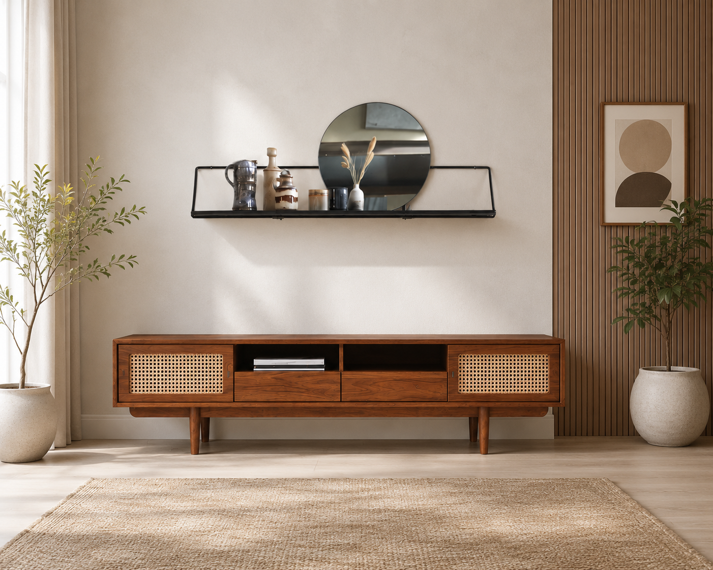 Space Galaxy Furniture Solid Mango TV Unit | Mid Century Modern TV Stand with Rattan Cane 2 Doors, & Two Drawers & One Shelf | Entertainment Cabinet | Honey Oak Finish
