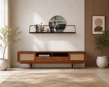 Space Galaxy Furniture Solid Mango TV Unit | Mid Century Modern TV Stand with Rattan Cane 2 Doors, & Two Drawers & One Shelf | Entertainment Cabinet | Honey Oak Finish